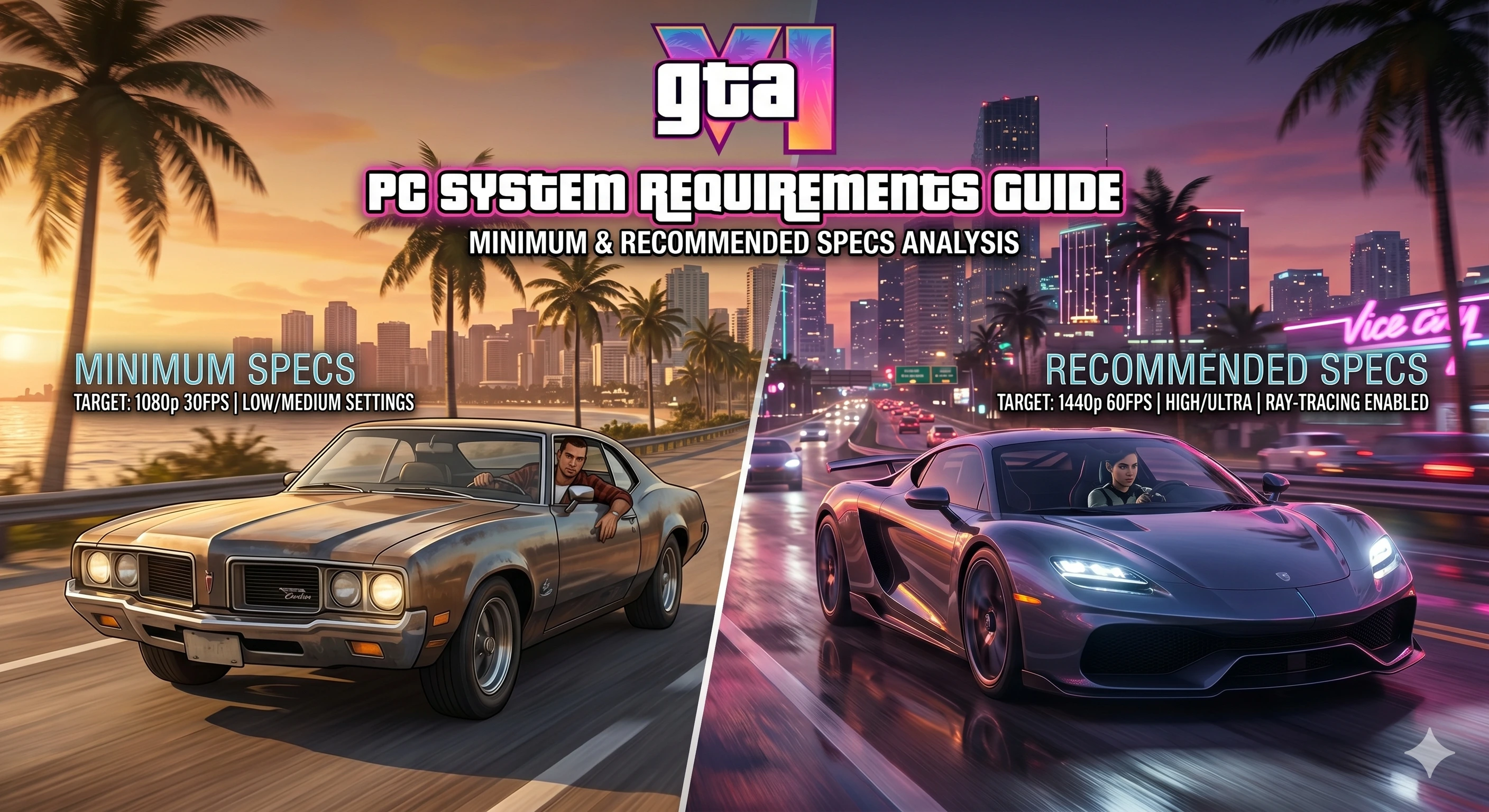 GTA 6 PC system requirements — neon spec sheet for minimum, recommended, and enthusiast tiers.