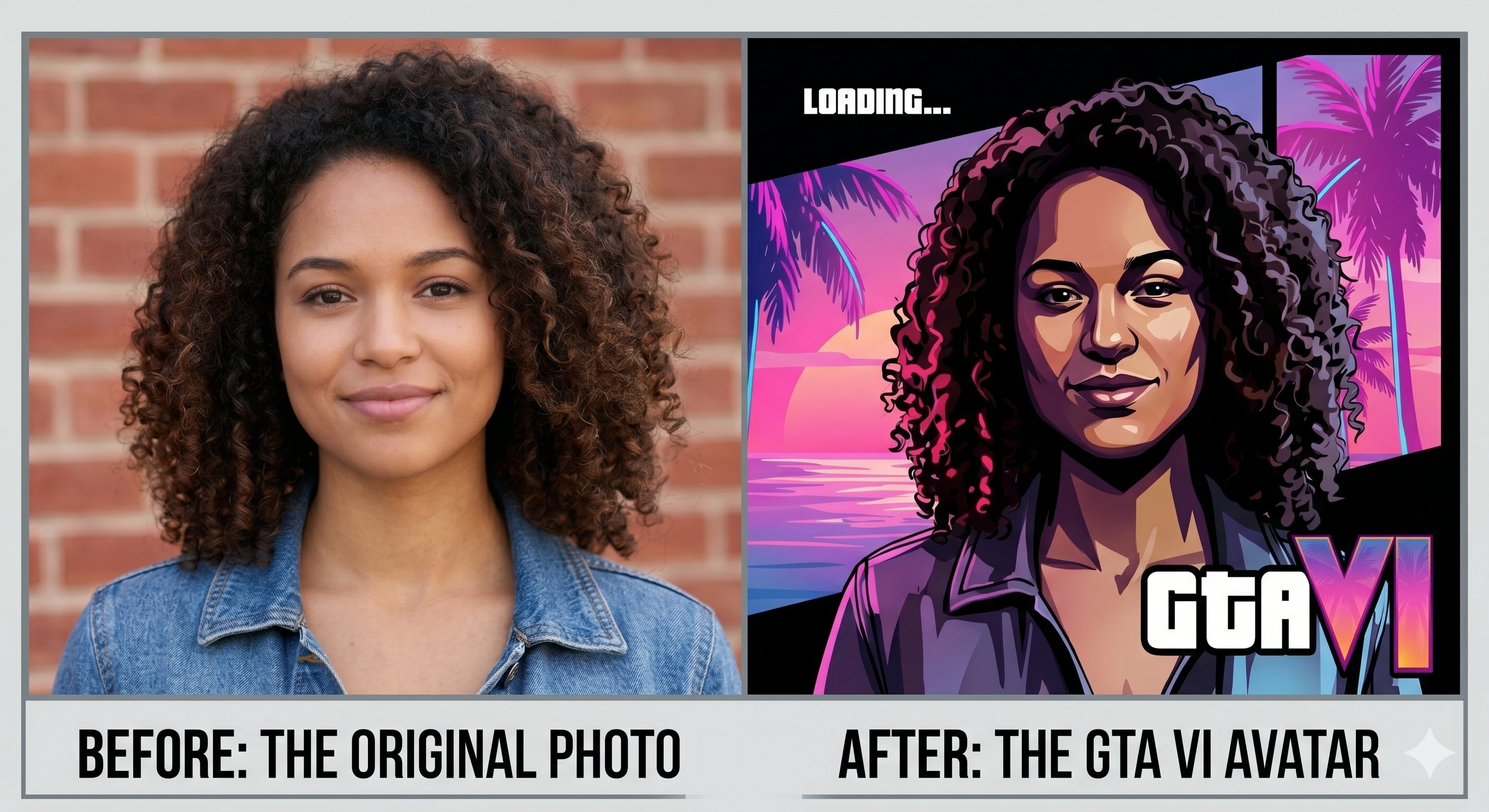 A real photo transformed into a neon Grand Theft Auto VI loading-screen style avatar.