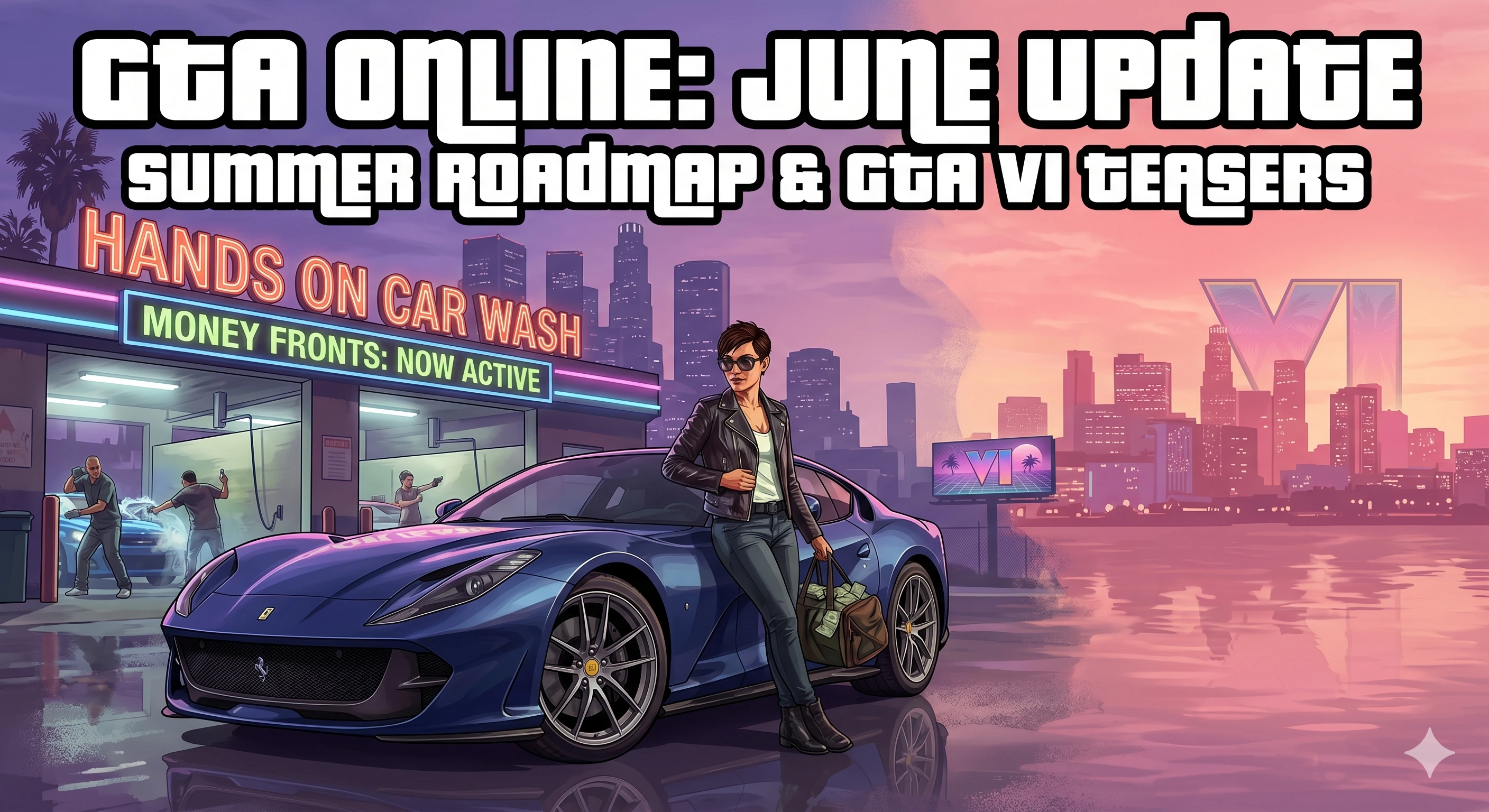 GTA Online June 2026 update — Los Santos skyline at sunset with neon GTA$ and RP weekly-bonus icons overlaid.