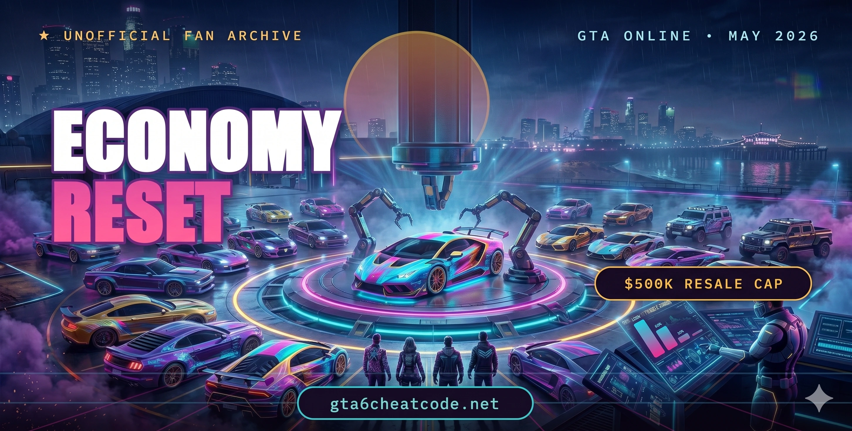 GTA Online May 2026 economy reset — neon banner showing a descending resale-value bar chart and a $500K resale cap tag.